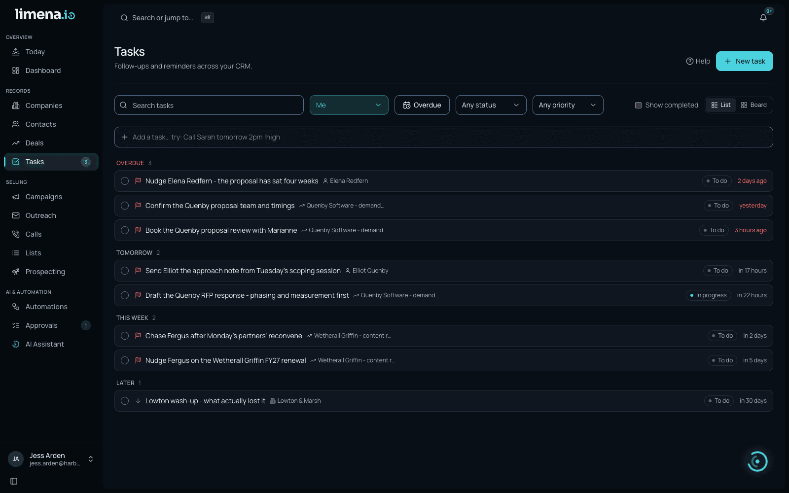 The Limena tasks view grouped by due date