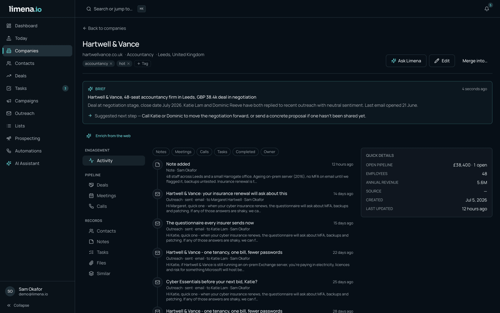 A company record in Limena with an AI-written brief at the top, a suggested next step, and the full outreach and meeting history beneath
