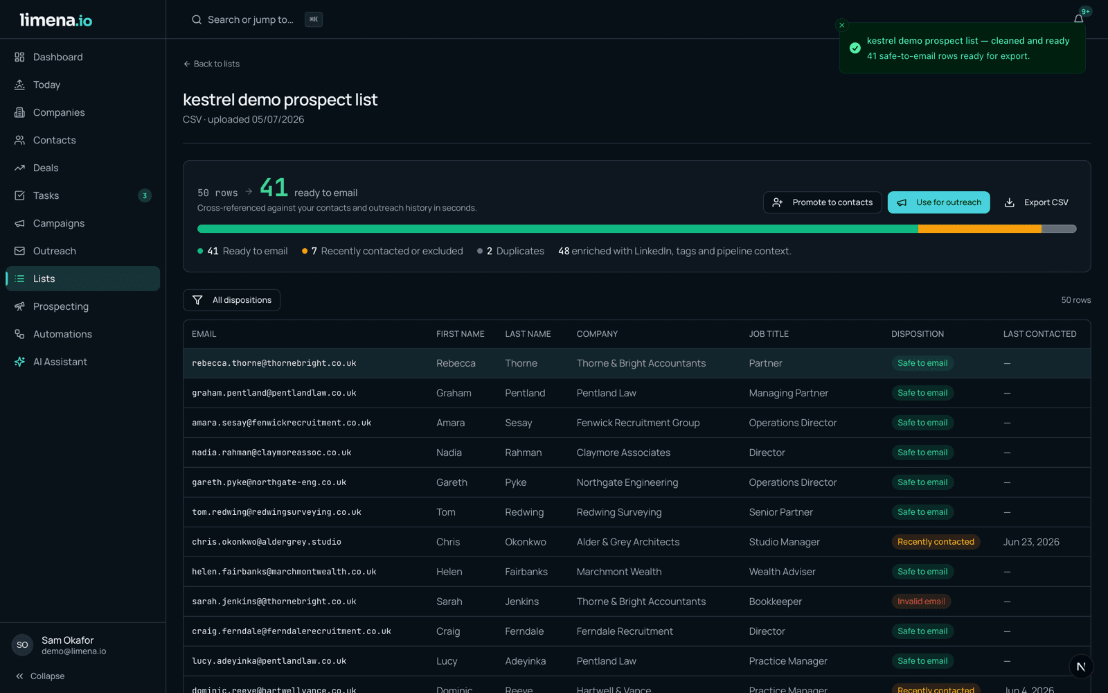 A 50-row prospect list dispositioned in Limena: 41 rows ready to email, with duplicates, invalid addresses and recently-contacted rows caught automatically